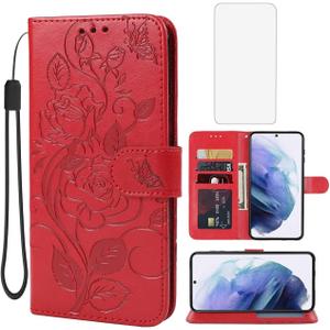 Case for Galaxy S21 5G Case, Samsung S21 SM-G991U Wallet Case with Tempered Glass Screen Protector, Flower Leather Flip Credit Card Holder Stand Phone Cover Cases for Samsung Galaxy S21 5G Red