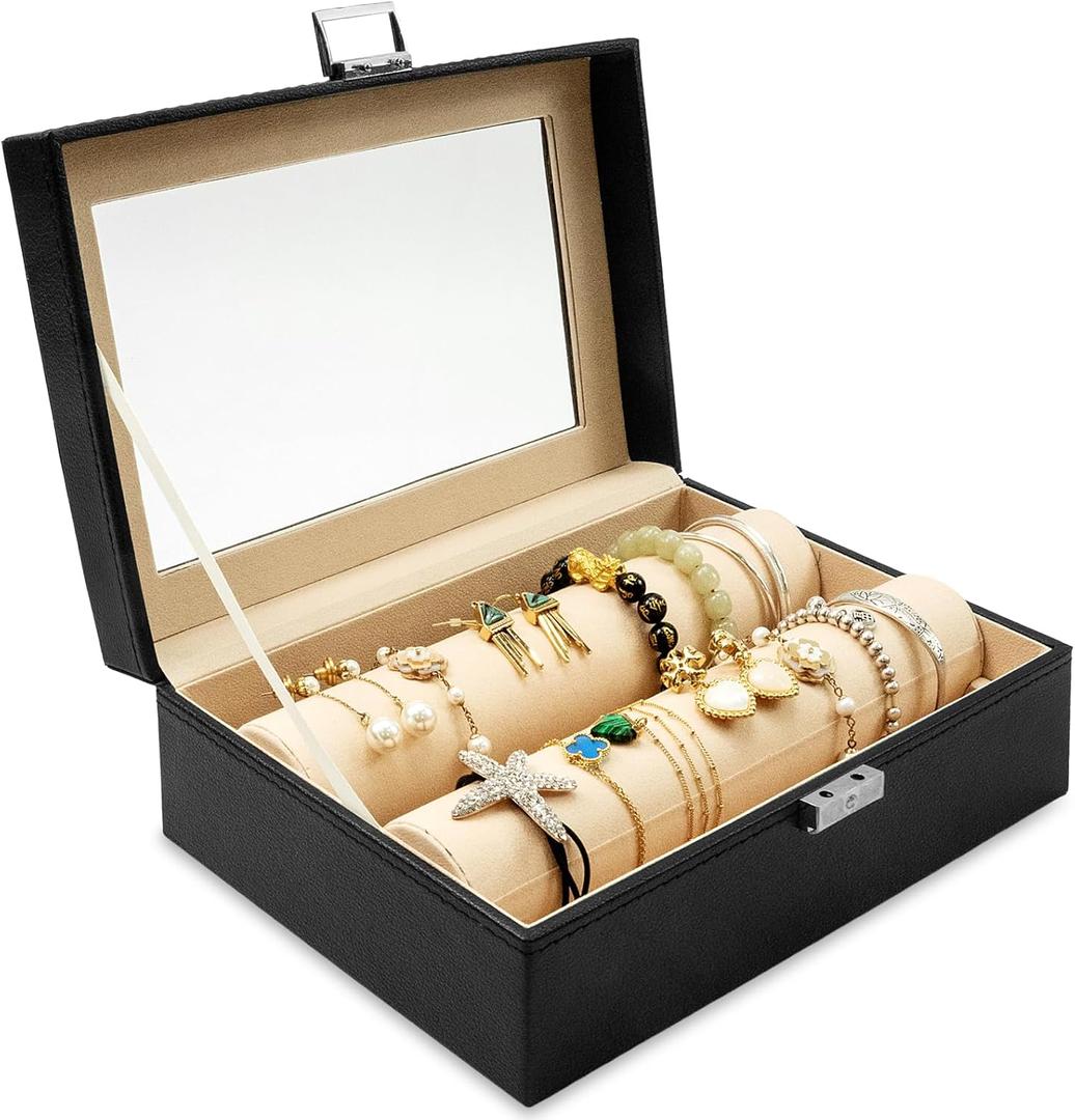 Bracelet Display Holder with Rods, Leather Jewelry Organizer Box with Transparent Lid, Bangles Watches Storage Display Case for Necklaces, Earrings, Rings, Women, Black - 10.2 x 7 x 3.7 Inch