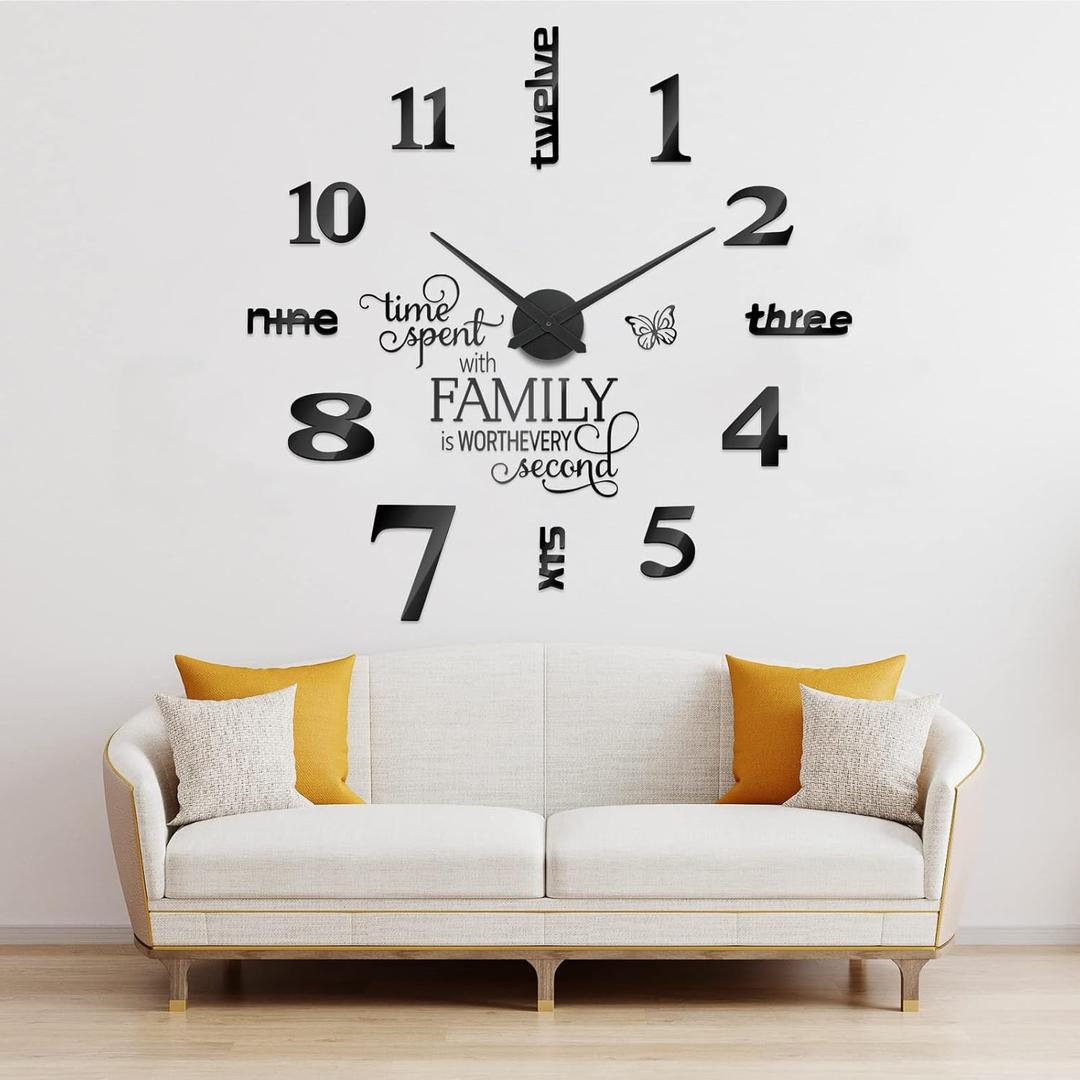 Junkin 3D Large Frameless DIY Wall Clock Modern Decor Family Quote Wall Stickers Clock Kit for Home Living Room Bedroom Office Decorations Adjustable Size(Black)