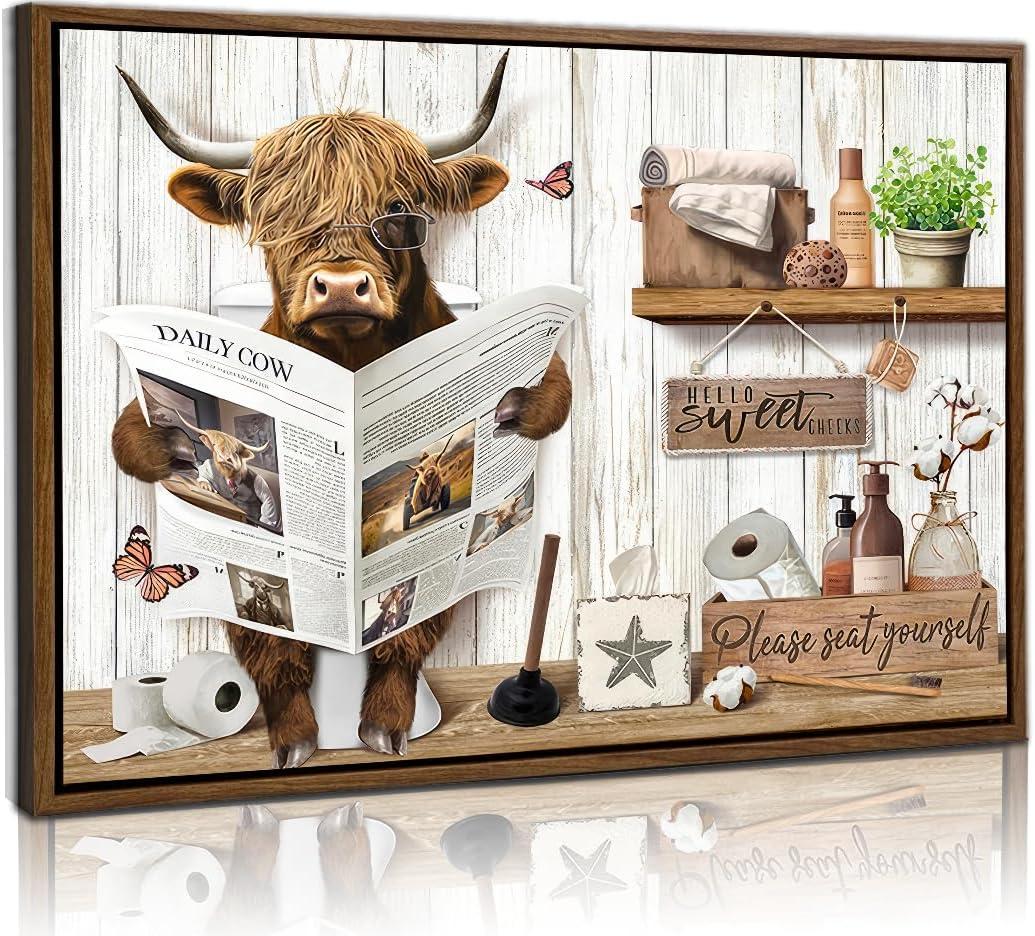 Highland Cow Bathroom Wall Art Rustic Funny Farmhouse Wall Decor 16×24 in
