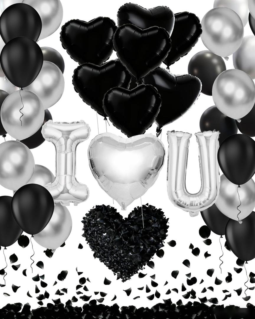 I Love You Balloons for Him, Black and Silver Heart Shaped Balloons with 2000 Black Rose Petals, Romantic Decoration Kit for Anniversary, Proposal, Valentine's Day Romance