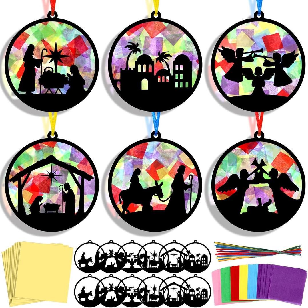 AmazingSpark 30 Pcs Christmas Nativity Suncatchers Paper Craft Set Xmas Birth of Jesus DIY Stained Glass Effect Tissue Paper Kits Gift Bulk for Religious Church Classroom Activities Art Party Decor