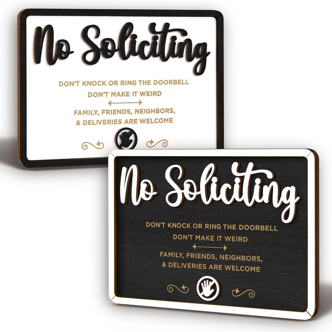 Funny No Soliciting Sign For House Door - Small No Soliciting Sign For Front Door Hanging, Do Not Knock Or Ring Doorbell Signs For Home, Wooden No Solicitors Signs For Office Business (4x7, Black and White Rectangle)