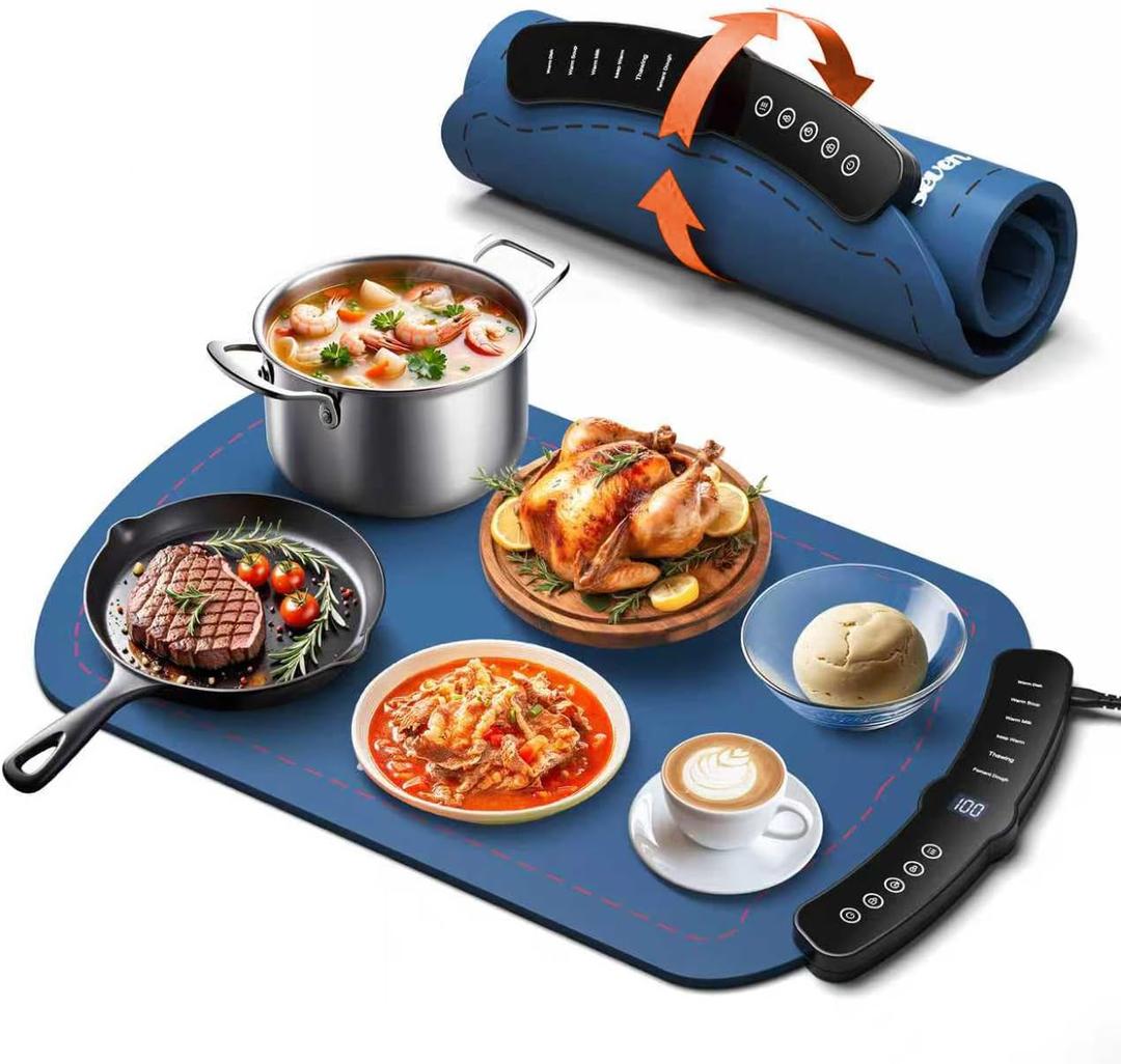Warming Mat for Food, Food Warming Mat with 7 Temp Master Aadjustable Warming Tray, Thermochromic Line, Roll Up Buffet Hot Plates Heat Pad Full Sized Electrical (Light Blue)