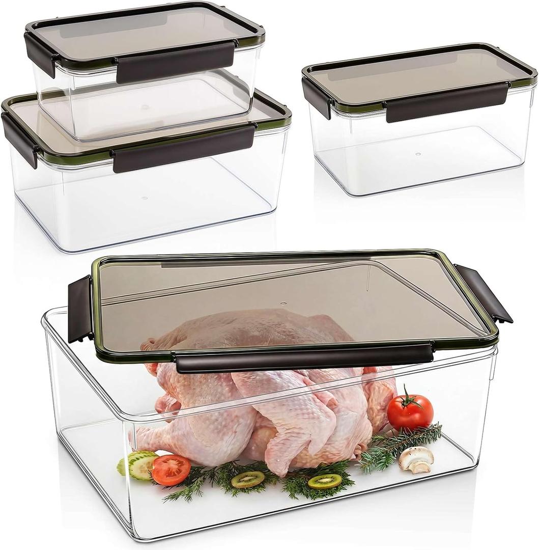4 Pcs Large Capacity Marinating Containers with Lid, 14.09/8.18/5.34/2.73 Qt, Plastic Food Brining Containers for Marinating Meat, BBQ Prep Storage with 4 Locking Tabs, Dishwasher Safe