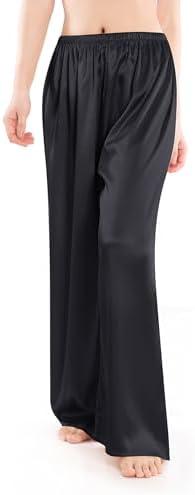 Wantschun Womens Wide Leg Pajama Pants Satin Silk Casual Loose Elastic Waist Lounge Pants Pj Bottoms, Black, M, 