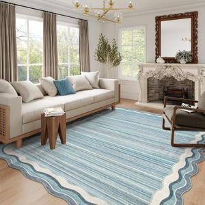 Lahome Estelle Scalloped 8x10 Area Rugs for Living Room, Washable Soft Blue Rug for Bedroom, Abstract Modern Non Slip Low Pile Indoor Carpet for Dining Room Home Office (Blue,8x10)