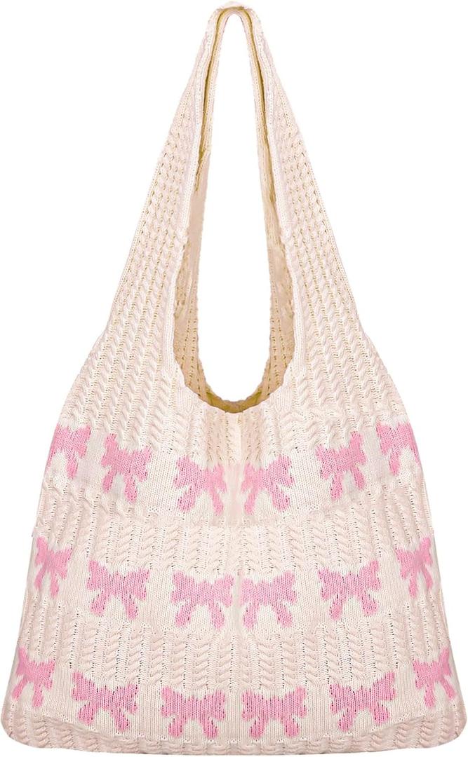 Pink Bow Crochet Tote Bag Coquette Bowknot Aesthetic Beach Mesh Knitted Shoulder Bag for Women Summer Beach Shopping