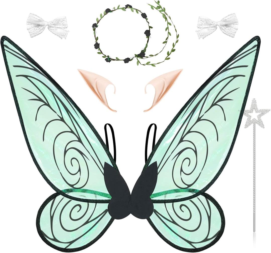 7PCS Fairy Wings Dress Up, Sparkling Sheer Butterfly Halloween Costume Angel Wings for Kids Girls Women (Black)