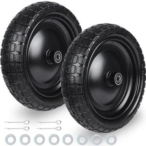13" Solid Flat Free Tires and Wheels 2 Pcs, 3.50-9 Rubber Tire Replacement Axle Bore Hole, Air less Wheel for Hand Truck/Trolley/Garden Cart/Lawn Mower/Wheelbarrow, 2Packs, Black