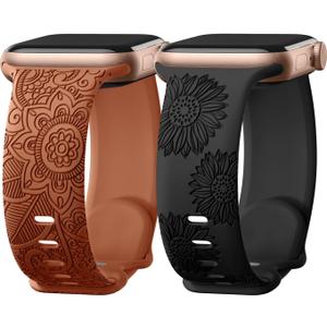 Odbeai Floral Engraved Band Compatible with Apple Watch Bands for Women 38mm 40mm 41mm 42mm 44mm 45mm 46mm 49mm,Soft Silicone Cute Sport Strap for iWatch Bands Women Series 11 10 9-1 SE Ultra1/2/3 (A-Caramel+Black)