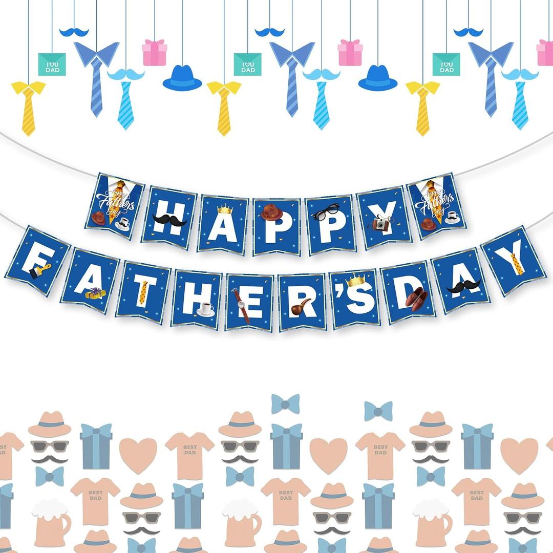 10 x Happy Fathers Day Banner, Father's Day Banners, Blue Happy Daddy Day Sign Bunting Banner Garland for Fathers Day Home, Office, Fireplace, Wall Decor and Party Decorations Supplies Favors Props