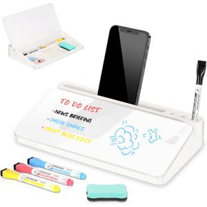 DOLLAR BOSS 12''x7'' Glass Desktop Whiteboard Small Dry Erase Board with Storage Drawer Computer Keyboard Stand Desk Organizer Office Accessories School Supplies with 4 Markers, White