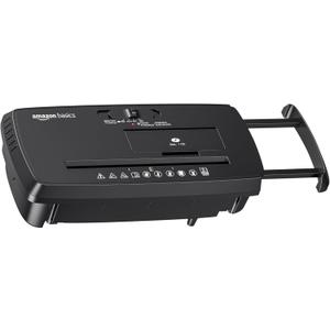 Amazon Basics 8-Sheet Strip Cut Paper, CD, and Credit Card Shredder with Auto-Off Compact, Portable Design, No Basket, Extendable Arm, Black