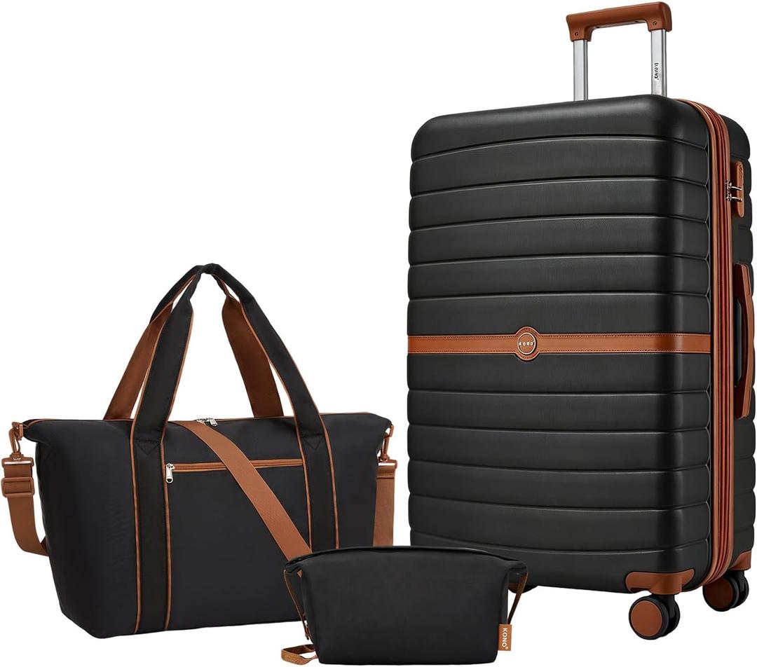 Kono Luggage Sets 3 Piece, Expandable 28 Inch Luggage with Spinner Wheels, Lightweight & Anti-Scratch PC+ABS Hardshell Travel Rolling Suitcase Large Checked Luggage with Tote Bag, Black/Brown