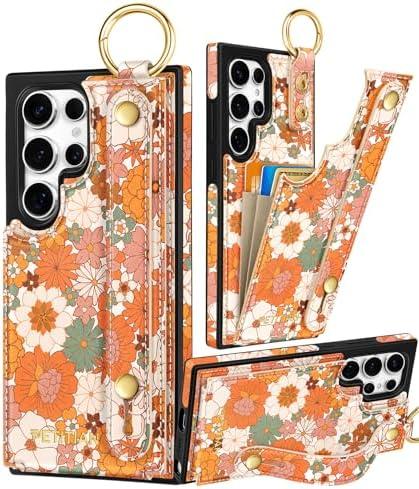 Petitian for Samsung Galaxy S25 Ultra Case with Wallet - Women Girls Cute Girly Aesthetic Unique Design Leather Credit Card Holder Cardholder Stand Wristband for S25 Ultra, Orange Floral
