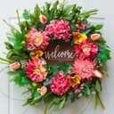Summer Wreaths for Front Door Outside  24 Inch Artificial Spring Floral Wreath with Welcome Sign, Pink Dahlia Peony Hydrangea Tulips Flower and Greenery for Wall,Porch,Farmhouse,Home Dcor