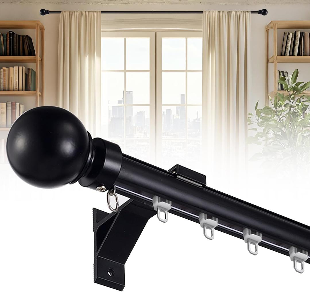 Single Curtain Track Wall Mounted, Silent Roman Rod for Windows, Heavy Duty Curtain Rail System with Aluminum Bracket, for Room Divider Living Room Bedroom Hospital (Black, 1.3m(4.3ft)