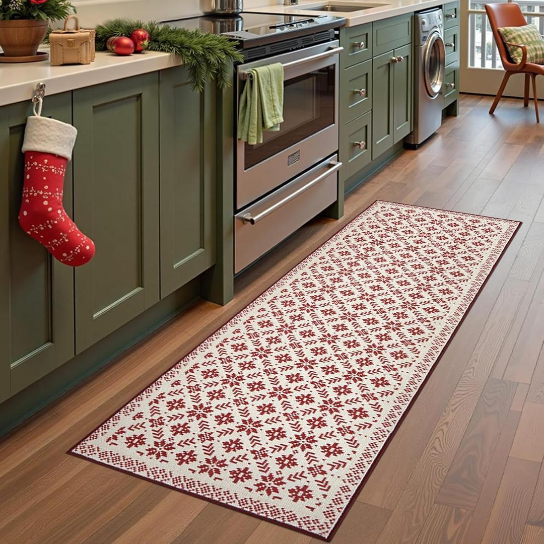 jinchan Knit Look Christmas Runner Rug 2x6 for Kitchen Red Holiday Rug for Hallway Bathroom Snowflake Printed Xmas Decor Washable Runner for Entryway Laundry Room Bedroom Non-Slip Red on Ivory