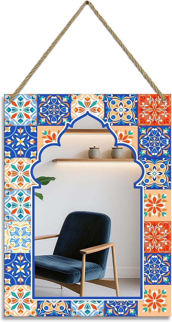 Rectangle Mirror for Wall, 12"x16" Decorative Wall Mirror, Flower Blue Mosaic Mirrors, Wall Mirrors Decor with Hanging Rope for Living Room, Entryway, Bedroom, Dining, Kitchen