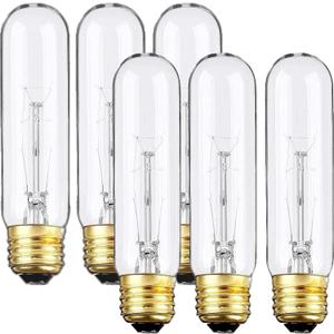 Edison Light Bulbs,120V, E26 Base, T10 Tubular Bulbs, 25W Clear Incandescent, Warm White, Dimmable Vintage Tubular Style Showcase Bulb (6-Pack)