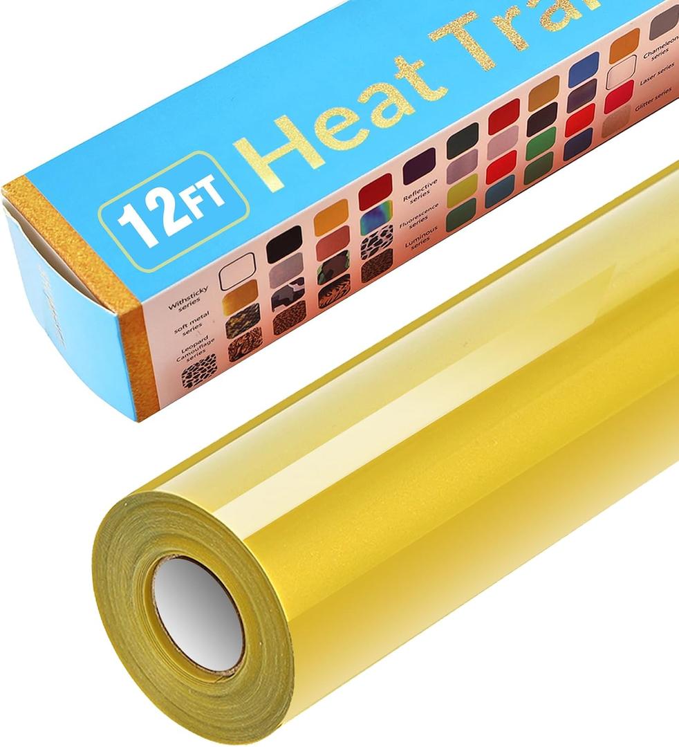 Golden Heat Transfer Vinyl Rolls 12 Inch by 12feet Roll HTV Iron on Vinyl DIY for T-Shirt Easy to Cut & Weed for Heat Vinyl Design Glossy (12Ft, Golden)
