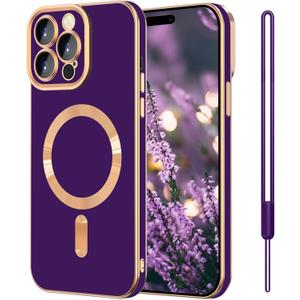 iPhone 15 Pro Max Case, iPhone 15 Pro Max Phone Case[Compatible with MagSafe] Magnetic Slim Thin Lanyard Wrist Strap Plating Shockproof Protective Cover for iPhone 15 Pro Max, Midnight Purple