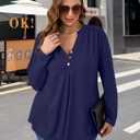 MONNURO Women's Plus Size Tops Henley V Neck Long Sleeve Button Down Shirts Blouses (Blue)