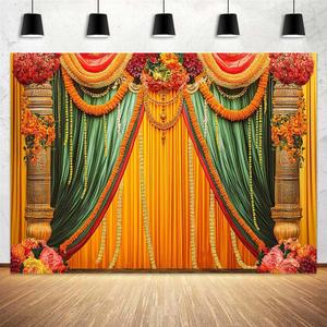 10 x 8ft Indian Diwali Pooja Photo Backdrop Photography Background for Durga Puja, Traditional Chatiya Navratri Ganpati Ganesh Marigold Backdrops Photo Booth Prop Decorations Wall Decor Tablecloth (Orange)
