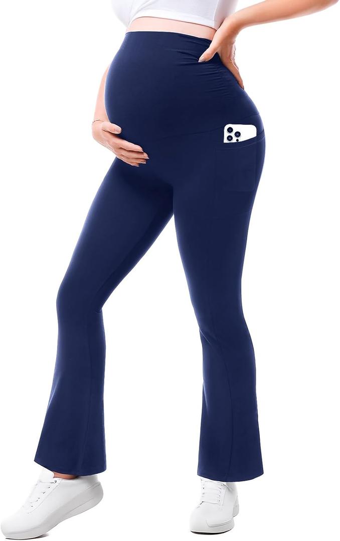 Walifrey Maternity Flared Leggings with Pocket Over The Belly Buttery Soft Pregnancy Yoga Pants for Workout, Medium