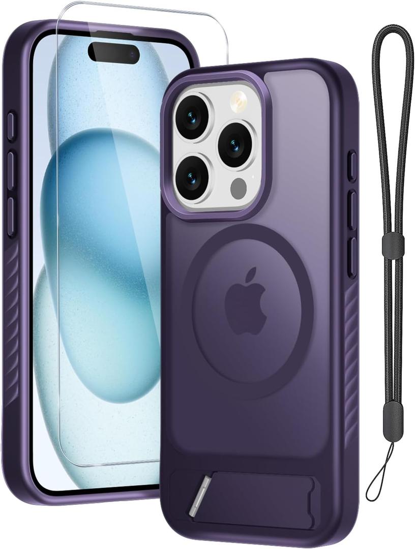 RMOCR for iPhone 15 Pro Case with Screen Protector+Lanyard Wrist Strap,Magnetic Translucent Matte Rugged Slim Phone Cover Built in Invisible Kickstand [Fit for MagSafe],Purple