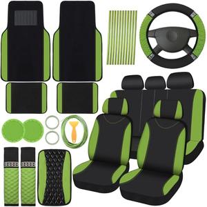 BBTO 43 Pcs Bling Car Accessories Set for Women Front Seats and Rear Bench Polyester Car Seat Protectors Wheel Cover Seat Floor Mats Full Crystal Automotive Interior Decor(Green)