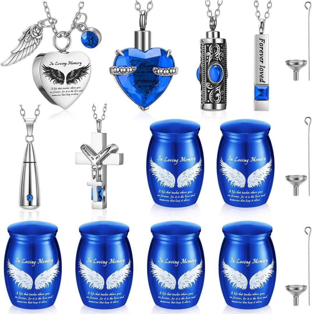 12 Set Small Urn Cremation Jewelry Necklaces for Ashes Stainless Steel Keepsake Urns Memorial Locket Mini Ash Holders Waterproof for Human Adult Female Male Family Loved One(Blue)