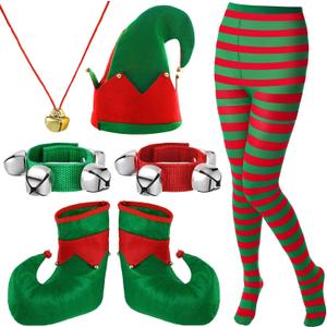 Laumoi 7 Pcs Christmas Elf Costume Women Elf Shoes Hat Christmas Band Wrist Bells Xmas Party Cosplay Dress up Striped Tights