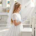 3 Pcs First Communion Veil Set Gloves Headpiece for Girls 1st Holy Communion Accessories for Wedding Party Costume (White)