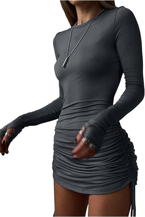 Floerns Women's Ruched Drawstring Long Sleeve Crew Neck Dress Casual Stretch Bodycon Short Dresses (Medium, Grey)