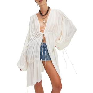 Women Swimsuit Coverup Flowy Ruched Bell Sleeve Beach Cover Up Tops Summer Casual Long Chiffon Front Tie Cardigan(Ivory,M) (White, M)
