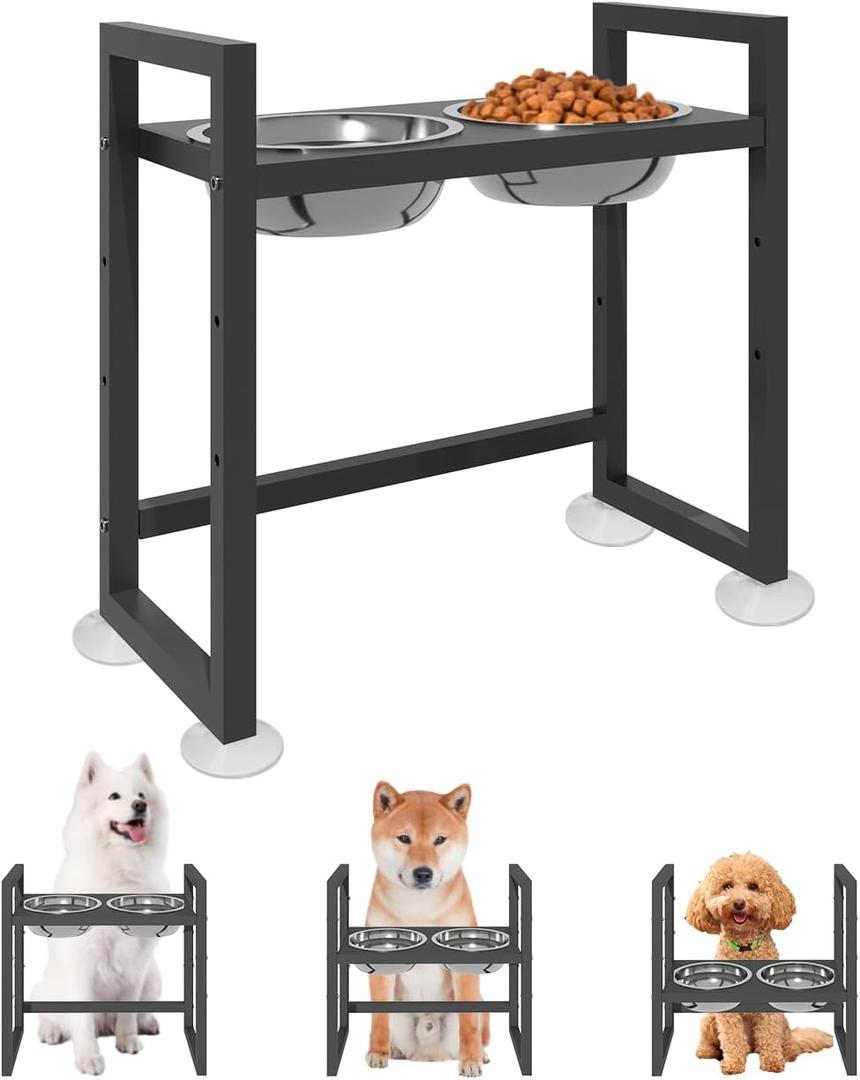 Elevated Dog Bowls Stand with 2 Stainless Steel Food & Water Bowls for Large Medium Small Dogs, Adjustable Raised Dog Bowl with Non-Slip Plastic Sucker for Pet, Black