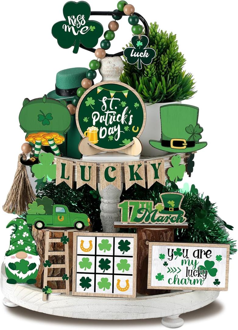 Maitys 21 Pcs St. Patrick's Day Tiered Tray Decor Set St Patricks Day Decorations Irish Shamrock Gnome Truck Wood Sign Lucky Clover Bead Table Decorations Rustic Farmhouse Decor for Home Kitchen Bar