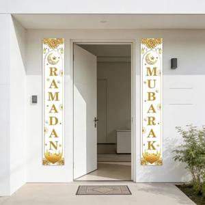 KYMY Ramadan Mubarak Porch Banners, 2PCS Islamic Door Hanging Decorations 70.9" x 11.8", Arabic Festival Polyester Banners with Crescent Moon & Mosque for Ramadan Kareem, Eid al-Fitr, Hajj Decor