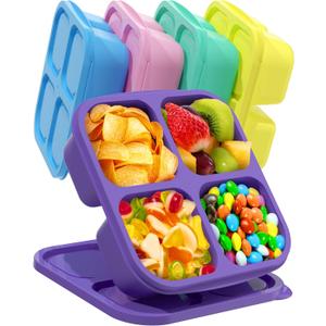5 PCS Bento Snack Containers, Reusable 4 Compartment Divided Food Storage Containers, Divided Lunchable Container for School, Work and Travel (Multicolor) (Colorful Lids)