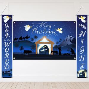 Avezano Religious Merry Christmas Banner Blue Nativity Scene Christmas Banner Outdoor Religious Christmas Decorations Holy Nativity Banners for Home Church