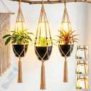 Huquary 3 Pack Macrame Plant Hanger with Grow Light Hanging Planter Basket Flower Holder and Hanging Remote Grow Lights for Indoor Plants Suitable for Different Size Pots (Brown)