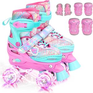 Sportneer Kids Roller Skates: 4 Size Adjustable Quad Skates with Light Up Wheels for 5-8, 8-12 Girls Boys Kids Toddlers Beginners, Birthday Gift with Protective Gear Set for Outdoor Indoor (Small - Little Kid, Pink)