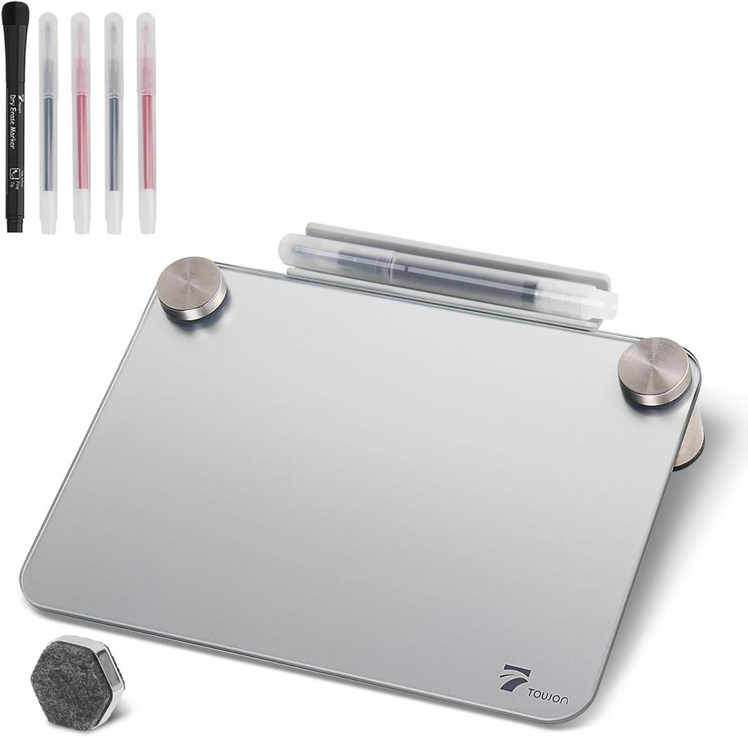 Silver Metallic Glossy Mirror Small Whiteboard with Nail Support, Mini Desktop Glass Whiteboard, Desk White Board Dry Erase with Accessories, Stenography Artifact for Office Homeschooling Dcor, 8x6''