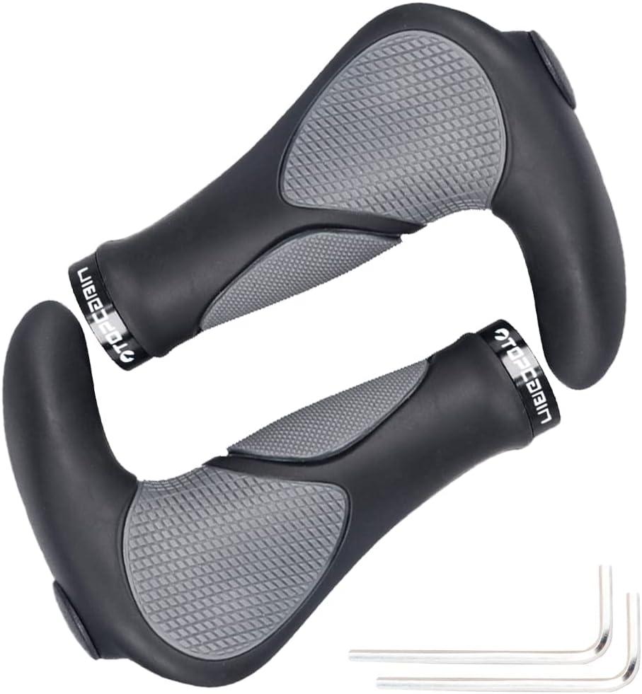 Ergonomic Bike Grips - Widen Holding Rubber Grips with Aluminum LockGrips for Mountain & Road Bikes (Big horn Shape(Black&Grey))