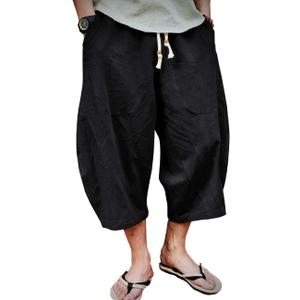 EKLENTSON Mens Cotton Linen Capri Pants Light Loose 3/4 Long Shorts Elastic Waist Drawstring Harem Casual Beach Yoga Trousers (Black, 38)