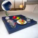 24x24 Inches Extra Large Blue Faux Leather Wrapped Wood Ottoman Tray with Golden Handles for Serving Food and Breakfast On Bed, Square Coffee Table Organizer, Home Decor and Decorative
