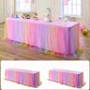 2 pk 8ft Rainbow Tulle Tablecloth for Rectangle Tables, 2-in-1 Pastel Color Table Covers with Tulle Skirt,Wrinkle Free Stretchy Ruffle Tulle Table Cloths Fitted for Wedding Party Banquet Vendor