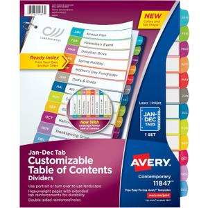 4 x Avery Jan-Dec Customizable Table of Contents Dividers for 3 Ring Binders, 12-Tab Set, Multicolor, 1 Set (11847) (One Size)